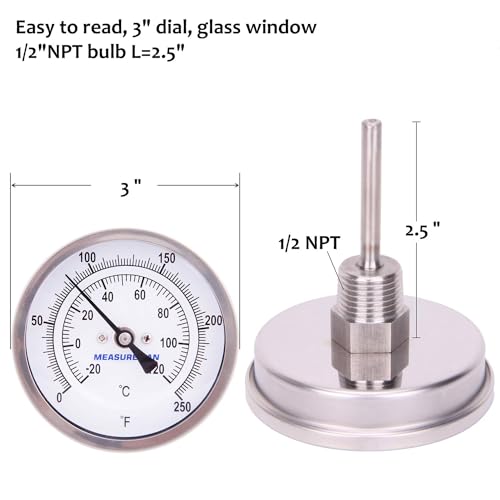 MEASUREMAN Fully Stainless Steel Pot, Kettle, Brewing Bimetal Thermometer, 3" Dial, 2-1/2" Stem, 0-250 deg F/-20-120 deg C, -1% Accuracy, Adjustable, 1/2" NPT Back Mount （2 Pack）