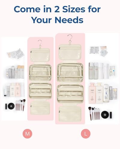 BAGSMART Travel Toiletry Bag with Jewelry Organizer, Hanging Travel Bag for Toiletries, Puffy Makeup Cosmetic Bag Organizer, Carry-on Travel Accessories Essentials, Beige-L