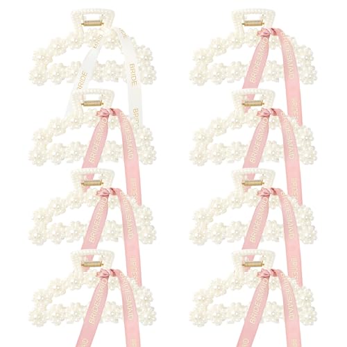 DEEKA Bridesmaid Proposal Gifts 8 Pack Pearl Bridesmaid Hair Claw Clips with Ribbon 3 Inch Hair Clips Bachelorette Party Favors Bridal Party Present Hair Accessories (Half Circle White&Rose Gold)