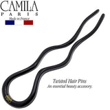 Camila Paris CP3285 French Twist Stick Hair Fork, Large Wavy U Shaped Hair Pin Clip for Spiral Updo and Bun, Black, Fashion Flexible Durable Styling Hair Accessories for Women, Made in France