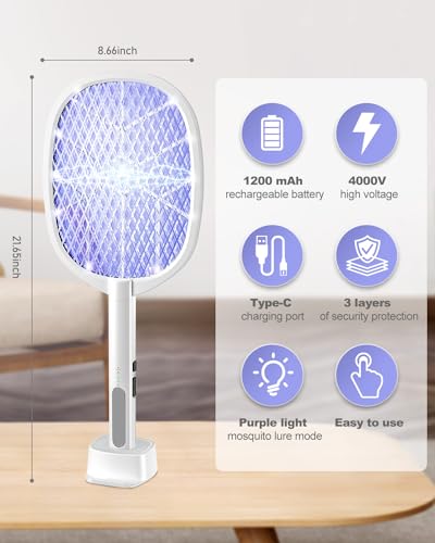 2PACK Electric Fly Swatter,4000V Bug Zapper Racket,2 in 1 Mosquito Zapper Racket with 1200ml Battery Rechargeable Purple Mosquito Killer Lamp with 3 Layers Safety Net Suitable for Indoor and Outdoor