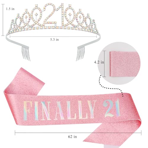 21st Birthday Crowns and Sashes for Women, Princess Tiara Birthday Sash Set Elegant Sliver Crown with Combs for Girls Crystal Tiaras Birthday Headpieces for Party Hair Accessories Gifts