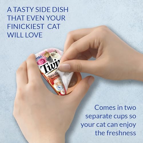 INABA Twins for Cats, Shredded Chicken & Broth Gelée Side Dish/Topper Cups with Green Tea Extract, 1.23 Ounces per Serving, 12 Servings, Chicken with Cheese Recipe