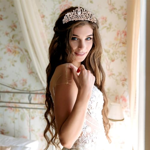 Rose Gold Crown for Women Crystal Princess Tiaras Rhinestone Queen Crowns Wedding Bridal Hair Accessories Birthday Prom Pageant Party Coming of Age Ceremony Photo Props (Rose Gold1)