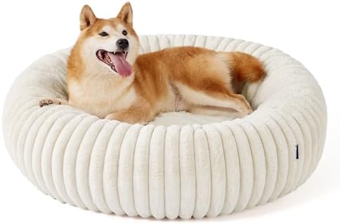 Bedsure Donut Large Dog Bed - Washable Faux Fur Dog Beds Large Sized Dog with Corduroy Fleece & Anti Slip Bottom, Round Pet Beds with Removable Cover, Cream, 36x36x10 inches