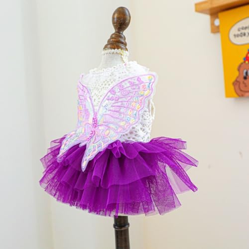 Dog Fairy Costume with Butterfly Wings, Cat Princess Dress for Small Dogs Girls, White Lace Knit Top and Purple Tulle Skirt, Fairy Wings for Dogs Halloween Outfit 14.3-17.6lbs (Purple,XL)