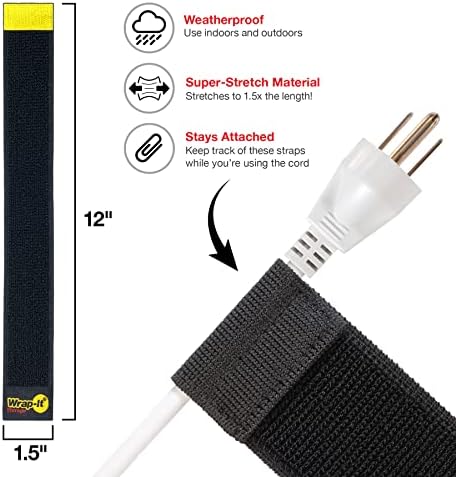 Selfie Straps by Wrap-It Storage, 12-inch (8-Pack), Black - Stretchy Hook and Loop Cord Organizer that Stays Attached to Cord for Electrical Cable Management and Organization