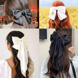 Silky Satin Hair Slides with Metal Clips - 4 Pieces Ribbon Barrettes, Large Bows, and Long Tail Accessories for Women and Girls (Black, White)