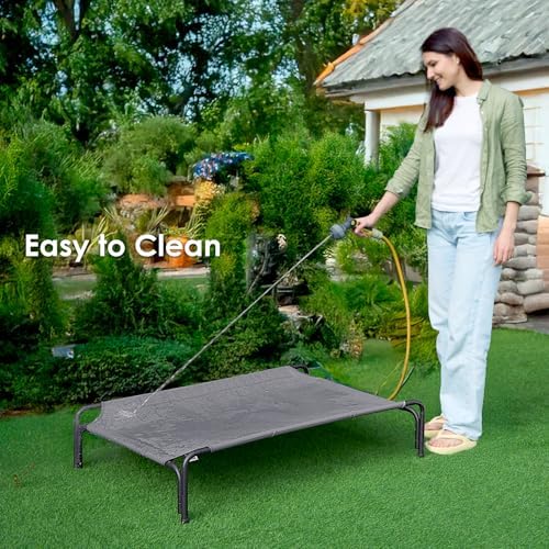 EHEYCIGA Tool-Free Assembly Elevated Large Dog Cot Bed, Raised Outdoor Dog Hammock, Lifted Pet Platform with Frame and Washable Waterproof Cooling Teslin Mesh and Anti-Slip Feet, 43x26 inch