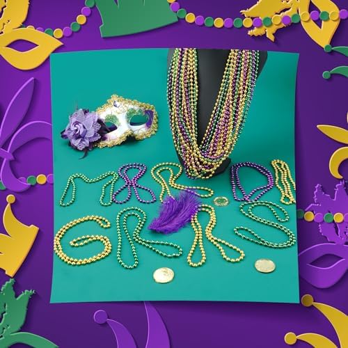 Mardi Gras Beads Bulk, 144 Pcs Mardi Gras Beads Necklaces 33'' 7 mm Metallic Gold Green Purple Bead Necklaces Mardi Gras Accessories Throw Beads in Bulk for Mardi Gras, Christmas, Party Favors