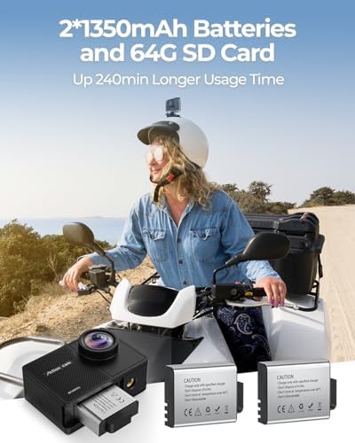 4K 60FPS Action Camara - Waterproof Camera with 64G SD Card 48MP HD WIFI Camera with EIS 40M Underwater Camera Wide Angle Sports Camera with 2*1350 mAh Batteries Helmet Mount Accessories Kits