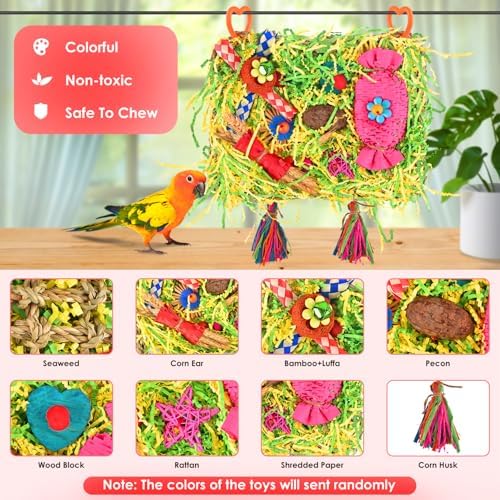 KATUMO Bird Toys, Parakeet Toys Large-Sized Grass Mat with Various Colorful Parrot Foraging Shredder Hanging Toys Conure Climb Hammock Toys for Birds