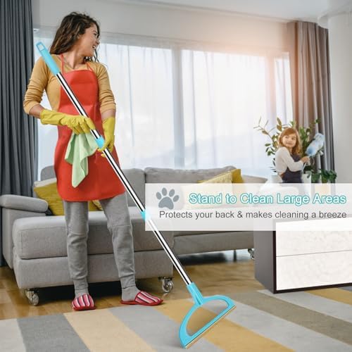 Carpet Rake for Pet Hair Removal, Reusable Pet Hair Removal Tool 56” Adjustable Long Handle Pet Hair Removal Broom, Cat Dog Hair Remover Carpet Brush Scraper for Rugs, Mats, Couch (Sky Blue)