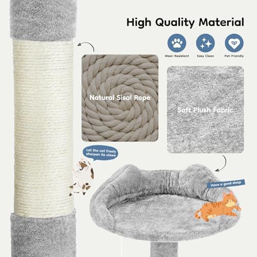 DUMOS 54-inch Indoor Cat Tree Tower –Multi-Level Pet House for Large Cats with 2 Condos, Scratching Posts, Round Platform, Small Ladder, and Toys, Light Grey