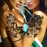 67 Sheets Black Realistic Rose Flower Temporary Tattoos For Women Girls Arm Thigh, Peony Moon Tiger Floral Temp Sleeve Tattoo Sticker Adult, Waterproof Fake Tatoos That Look Real And Last Long