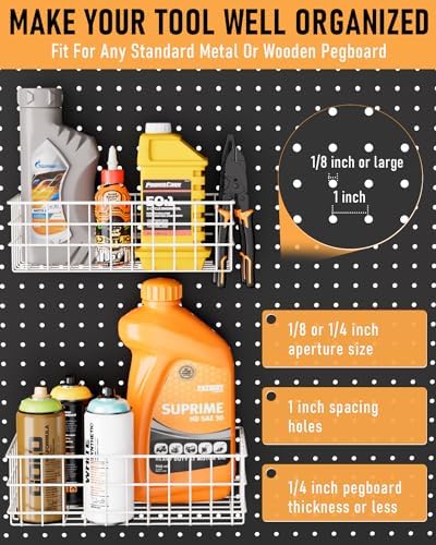 INCLY 4 Pack Pegboard Baskets Bins Set, 4 Size Square Style Metal White Wire Basket for Any Peg Board Organizing Tools, Pegboard Accessories for Workbench Garage Wall Storage Attachments