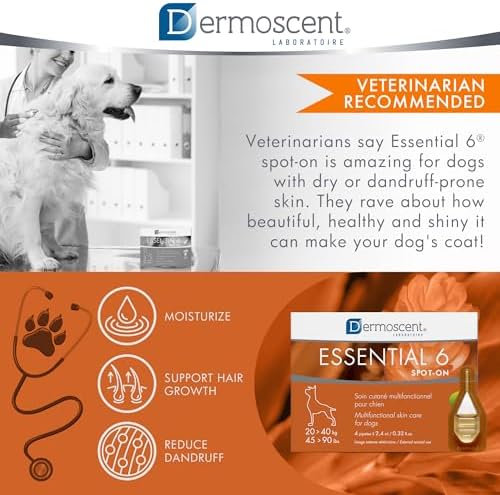 Dermoscent Essential 6 spot-on - Dog Skin Care for Dandruff & Allergy Relief with Vitamin E Oil - Anti Itch for Dogs - Natural Ingredients for Sensitive Skin - Dogs 20-40 kg - 4 Pipettes of 2.4 ml