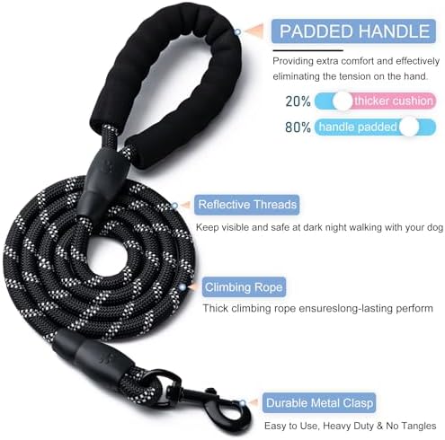 2 Pack Dog Leash, 4/5//6 FT Heavy Duty Nylon Rope Pet Leashes with Comfortable Padded Handle, Reflective Dog Leashes for Small Medium and Large Dogs (6FT-1/2,Black/Black)
