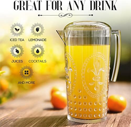 elle decor Acrylic Water Pitcher, Plastic Water Pitcher with Lid and Handle, Fridge Jug, BPA-Free, Shatter-Proof, Use for Iced Tea, Sangria, Lemonade, Juice, and Milk Beverages, 2 Liters (Clear)