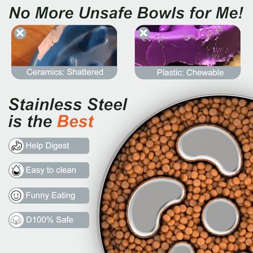 Slow Feeder Dog Bowl, Double Wall Food-Grade Stainless Steel, Heavy Duty with Non-Slip Rubber Base, 2Cups Capacity for Medium Dogs to Slow Down Eating