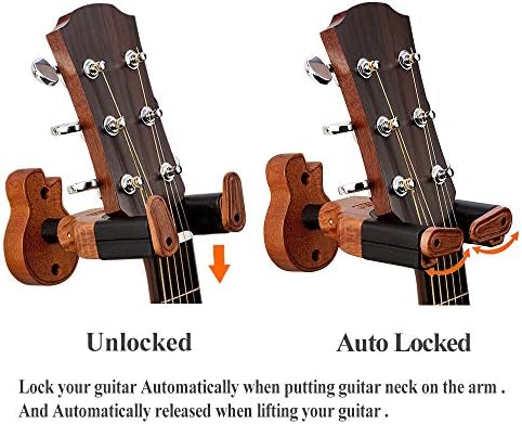 Guitar Wall Mount, Auto Lock Guitar Wall Hanger, Hard Wood Base in Guitar Shape Guitar Hook, Guitar Holder for Acoustic, Electric, Classical, Bass Guitars, Guitar Accessories