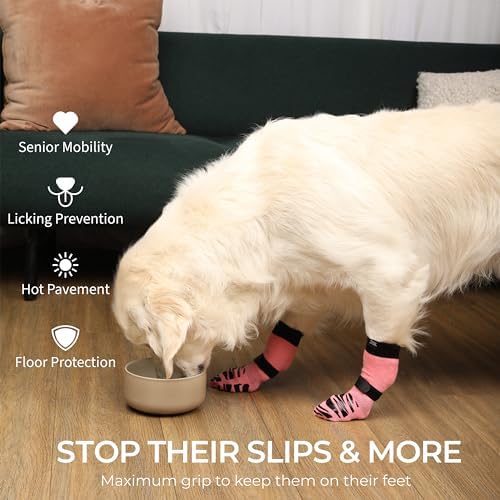 DOK TigerToes Premium Non-Slip Dog Socks for Hardwood Floors - Extra-Thick Grip That Works Even When Twisted - Prevents Licking, Slipping, and Great for Dog Paw Protection (Sassy Pink, Large)