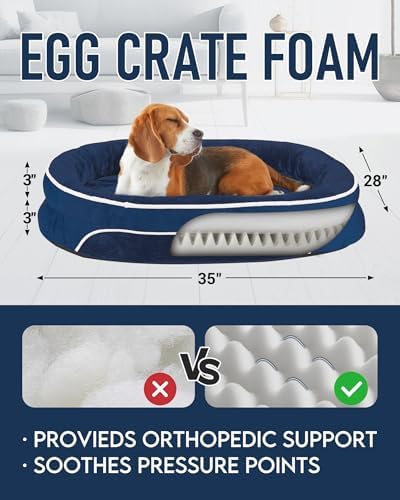 OhGeni Orthopedic Dog Bed Couch for Large Sized Pets with Egg Foam Support, Four-Sided Bolster Cushions, Soft Tear-Resistant Fabric, and Removable Machine Washable Plush Cover 35-Inch (Dark Blue)