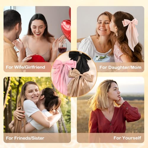 6Pcs Hair Bows for Women, Big Bow Hair Clips for Girls, Silky Satin Hair Bows Oversized Long Tail, Neutral Pink Hair Ribbon, Cute Bow Clips for Women, Metal Clips Hair Accessories Gifts