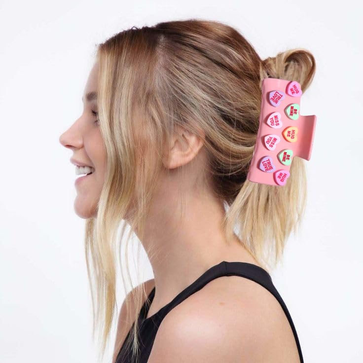 Valentine’s Day Hair Claw Clips for Women, Large Conversation Heart Hair Clips Nonslip Pink Love XOXO Hair Claws Valentine’s Day Accessories Outfits Party Favor Gifts