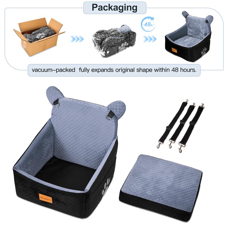 Dog car Seats for Small/Medium Dogs up to 33lbs- Washable, Waterproof, Dog Booster & car Seats with 2 Easy-Install Safety Belts, Non-Slip Base & Storage Pocket(Grey Black).