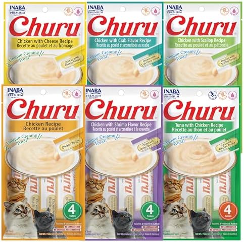 INABA Churu Cat Treats, Grain-Free, Lickable, Squeezable Creamy Purée Cat Treat/Topper with Vitamin E & Taurine, 0.5 Ounces Each Tube, 24 Tubes (4 per Pack), Six Flavor Variety Pack