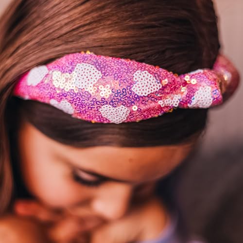 FROG SAC Heart Headband for Girls - Knotted Valentines Day Head Bands for Kids, Top Knot Vday Hair Band for Children, Sparkly Pink Sequin Hair Accessories for Toddlers, Little Girl Fashion Hairband