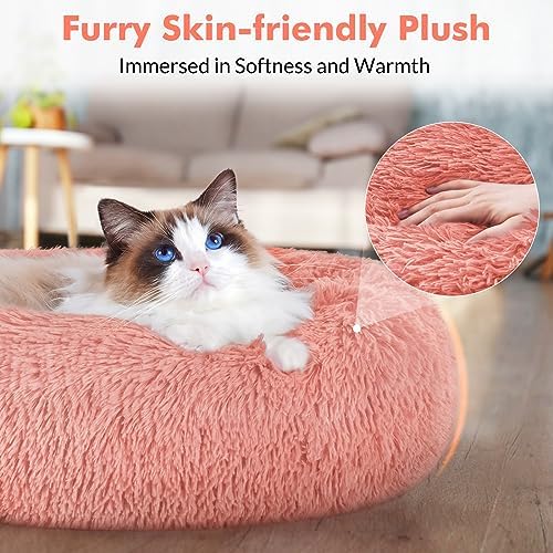 rabbitgoo Cat Beds for Indoor Cats, 20 inches Cat Bed Machine Washable, Fluffy Round Pet Bed Non-Slip, Calming Soft Plush Donut Cuddler Cushion Self Warming for Small Dogs Kittens, Light Pink, Medium