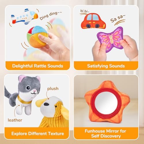 Baby Toys 6-12 Months - Mystery Soft Box with 10 Sensory Objects, Rattle, Crinkle Paper, Mirror - What's Inside Box Infant Gifts, Soft Busy Toys 1-2 - Baby Easter Basket Stuffers Gifts