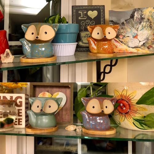 RUNADI Succulent Pots, Ceramic Flower Planter Pot with Bamboo Tray, Small Animal Succulent Planters, Cute Cactus Flower Pot/Garden Planters, Office Home Decoration Pack of 4