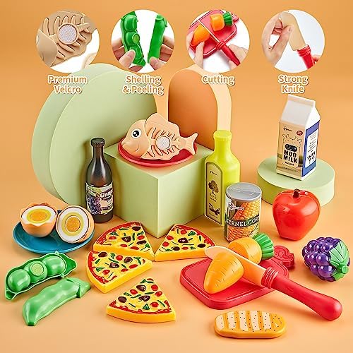 Pretend Play Accessories - 52pc Kids Kitchen Playset with Play Food, Stainless Steel Cookware, Toys Pots and Pans, Toddler Kitchen Set with Cuttable Toy Food - Boys and Girls Gift