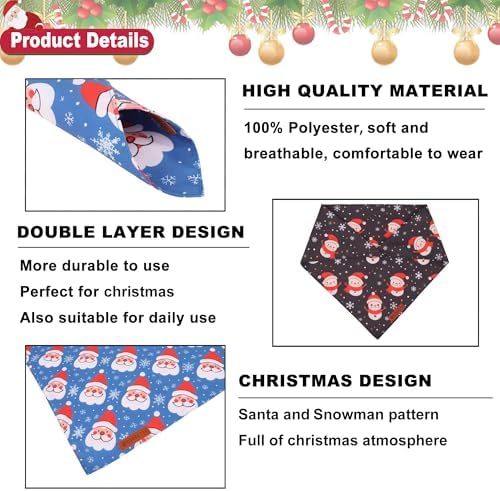 ADOGGYGO Christmas Dog Bandanas 2 Pack, Reversible Triangle Santa Snowman Dog Xmas Scarf, Adjustable Fit Christmas Bandanas Medium Large Dogs Pets (Large, Christmas)