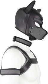 Adults Neoprene Puppy Hood Custom Animal Head Mask Novelty Costume Dog Hood Mask,Collar,Armband and Harness Set (Gray)