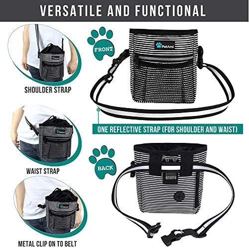 PetAmi Dog Treat Pouch, Pet Treat Pouch for Training, Dog Walking Bag Holder for Kibbles, Pet Food Toy, Dog Trainer Essentials Supplies, Poop Bag Dispenser, 3 Ways to Wear (Black Stripes)