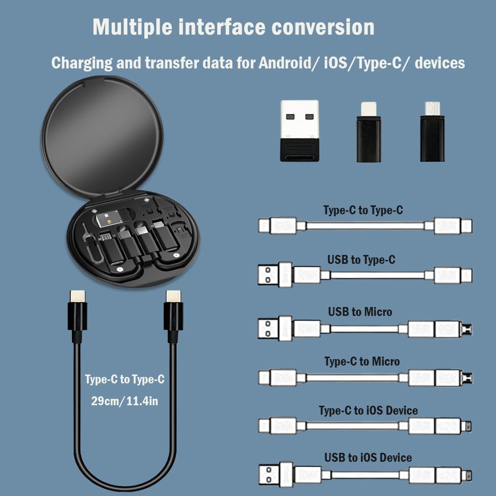 USB C Adapter Cable Kit, Multi Charging Cable Case Convertor USB C to iOS Device/Type C/Micro/USB A Adapter, Data Transfer Contains Card Slot for Traveling(Black)
