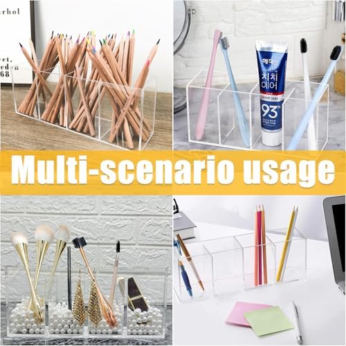 Clear Makeup Brush Organizer,Acrylic Cosmetic Brushes Storage Holder with 4 Slots,Pencil Pen Holder for Desk,Desk Organizer and Accessories for Vanity