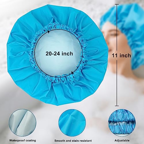 Reusable Shower Cap for Women, Large Waterproof Shower Bonnet Washable Elastic Band Bath Hair Hat for Long Hair, Braids(Lake Blue)
