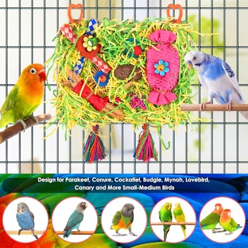 KATUMO Bird Toys, Parakeet Toys Large-Sized Grass Mat with Various Colorful Parrot Foraging Shredder Hanging Toys Conure Climb Hammock Toys for Birds