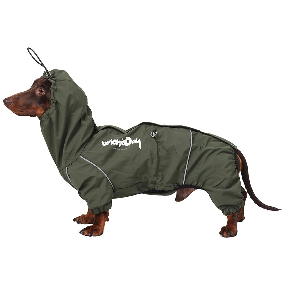 WienieDay Dachshund Full Body Dog Raincoat, Waterproof 4-Leg Jacket with Removable Belly Flap, Lightweight Reflective Hooded Dog Coat for mini Dachshund Small Medium Dogs (X-Large(20-25lbs))