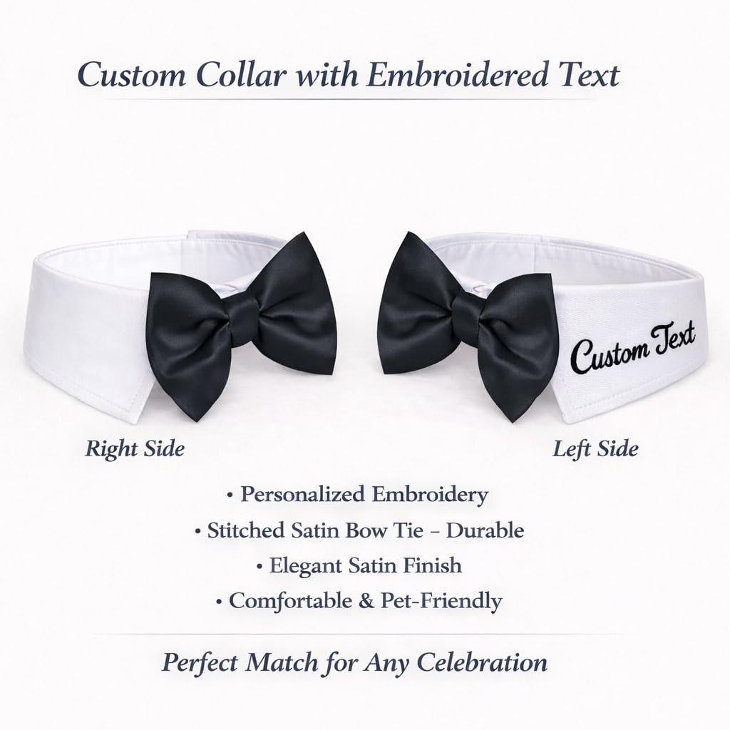 Handcrafted Personalized Dog Wedding Attire with Bow Tie – Custom Embroidered Name, Adjustable Shirt-Style Collar Fit, Optional Ring Bearer Clasp, Formal Outfit by ACORD EU (White)