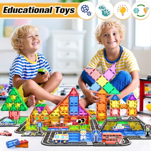 104 PCS Magnetic Tiles Road Set With Car Toys, STEM Magnet Building Blocks for Kids Toddler Toys Games, Christmas Birthday Gifts for 3+ Year Old Boys Girls, Car Enthusiasts and Classroom Must Haves