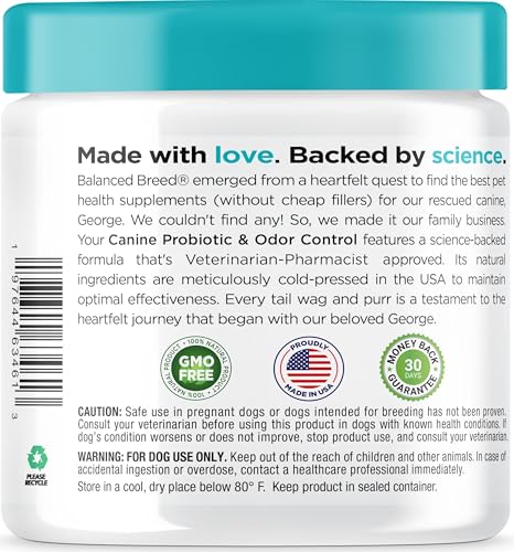 Balanced Breed Dog Probiotics Digestive Health Enzymes Made in USA Vet-Pharmacist Approved Fortiflora Probiotics Dogs Anti Yeast Supplements Constipation Relief Dog Yeast Itchy Skin Itchy Ears Non-GMO