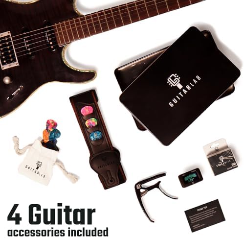 Guitar Accessories Kit by Guitar Lab – Premium Metal Tin with Guitar Strap, Capo, Tuner, Picks for Acoustic, Bass, Electric & Ukulele Guitars – Ideal Guitar Gifts for Men, Beginners, and Pros