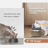 Elevated Cat Bowls, 15° Tilted Raised Cat Food Bowls Wood Pet Bowls with Stand Anti Vomiting 2 Stainless Steel Bowls for Cats and Puppy