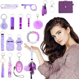 AMIR Safety Keychain Set for Women, Wristlet Strap Keychain with Personal Alarm and Pom Pom Accessories Kit, Gifts for Women and Girls (Purple)